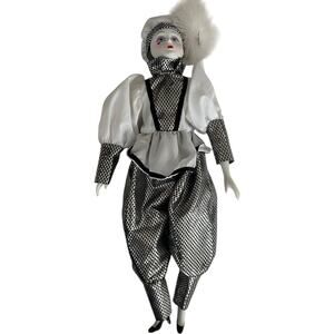 Vintage Porcelain Pierrot Clown Doll Black White Checkered Costume